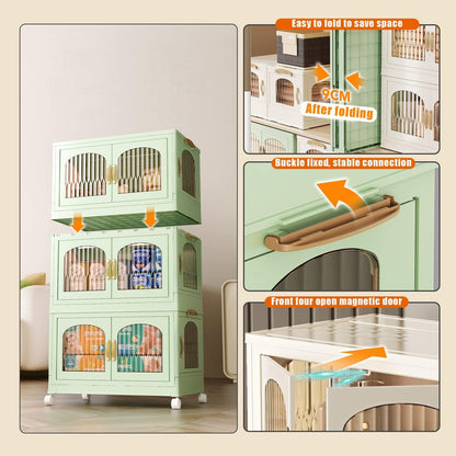 Collapsible Storage Boxes Medium Stackable Clear Plastic Wardrobe Storage Box Organizer 16.9"X 10.8"X 10.6", 5 Sides Openable for Easy Access, Folding Containers Bin for Books Toys Clothes,White,1 Tie