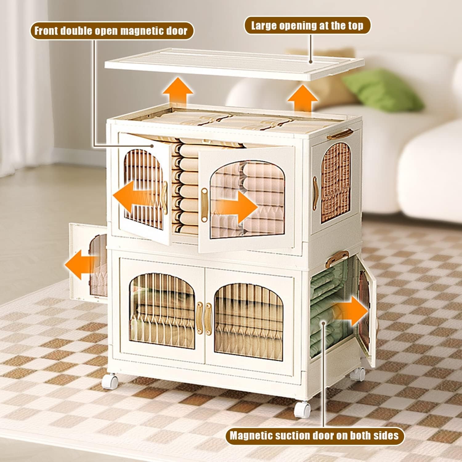 Collapsible Storage Boxes Medium Stackable Clear Plastic Wardrobe Storage Box Organizer 16.9"X 10.8"X 10.6", 5 Sides Openable for Easy Access, Folding Containers Bin for Books Toys Clothes,White,1 Tie