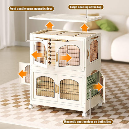 Collapsible Storage Boxes Medium Stackable Clear Plastic Wardrobe Storage Box Organizer 16.9"X 10.8"X 10.6", 5 Sides Openable for Easy Access, Folding Containers Bin for Books Toys Clothes,White,1 Tie