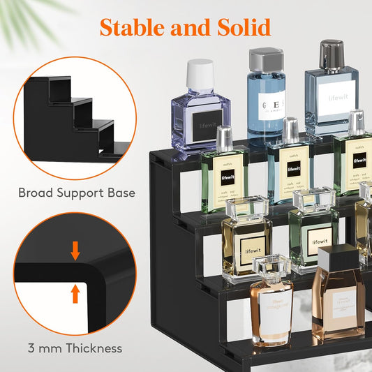 Cologne Organizer for Men, 4 Tier Plastic Perfume Stand, Tool-Free Assembly, Display Shelf for Fragrance, Aftershave, Skincare, Makeup for Vanity, Bedroom, Bathroom Storage, 9 Inch,1 Pcs