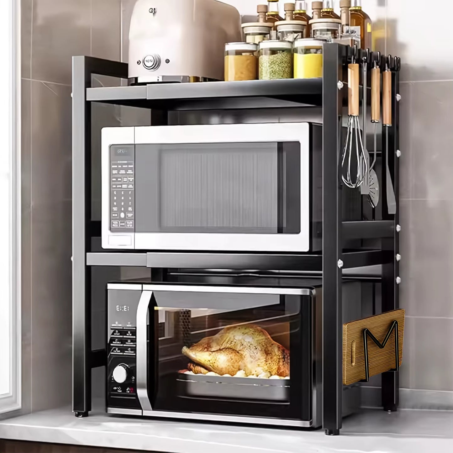 Devesanter Microwave Shelf 3-Tier Expandable Worktop Baking Rack with 6 Hooks, Kitchen Shelf, Seasoning Rack