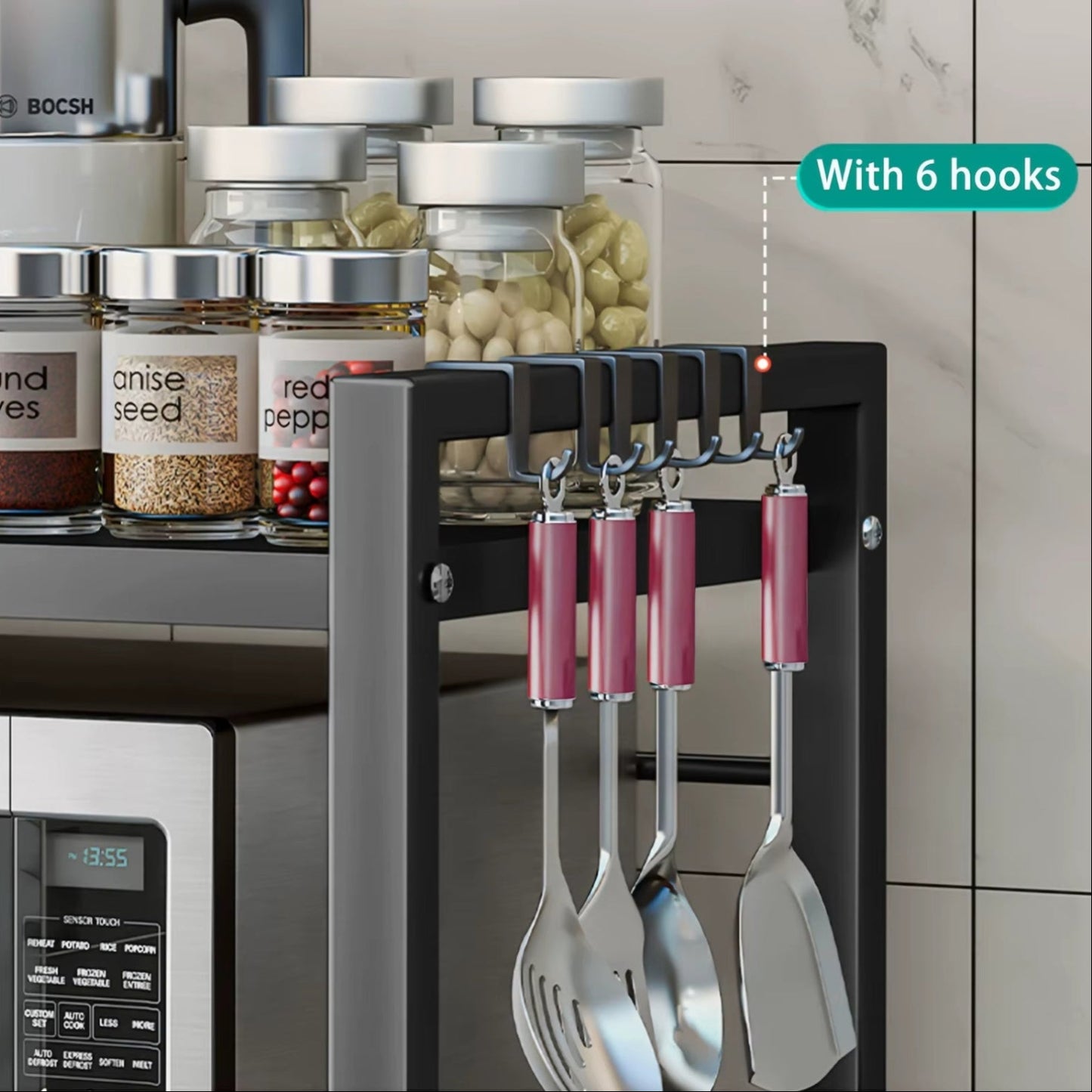 Devesanter Microwave Shelf 3-Tier Expandable Worktop Baking Rack with 6 Hooks, Kitchen Shelf, Seasoning Rack